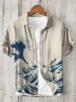 Kanagawa Surf Linen Men's Shirt Summer Hawaiian Shirt HD Pattern Comfortable Breathable Men's Clothing Fashion Button Design 1