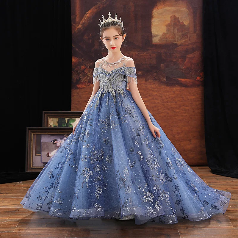 Blue Kids Girls Christmas Formal Evening Long Dresses Evening Fairy Gown  And Maxi Dress Up Costumes