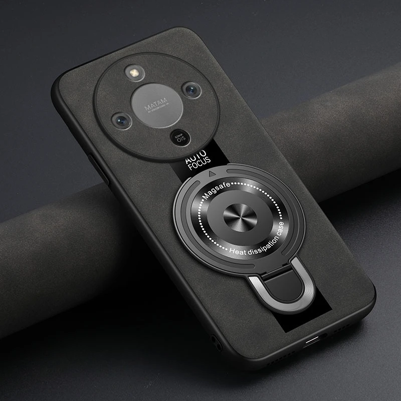 Magnetic Wireless Charging Ring Holder Leather Shockproof Case with Bracket