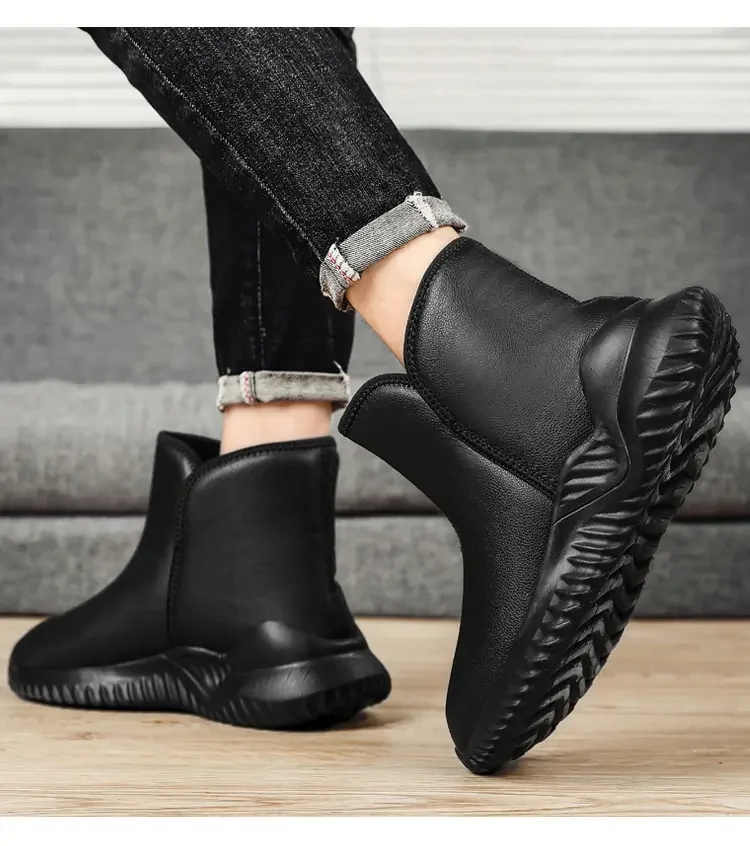Men\'s Winter Leather Casual Short Boot Thick Bottom High Top Non Slip Were Resistant Light Large Size Plush Warm Snow Boots