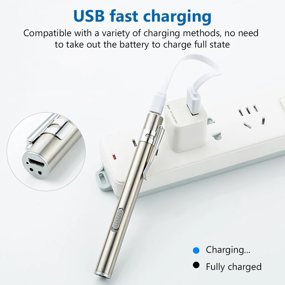 Portable USB Rechargeable Mini Nursing Flashlight Stainless Steel Pen Light Medical Pen Light Torch Lamp With Clip For Doctors led flashlight,mini flashlight,led flashlights,mini led flashlight,led torch light,medical light