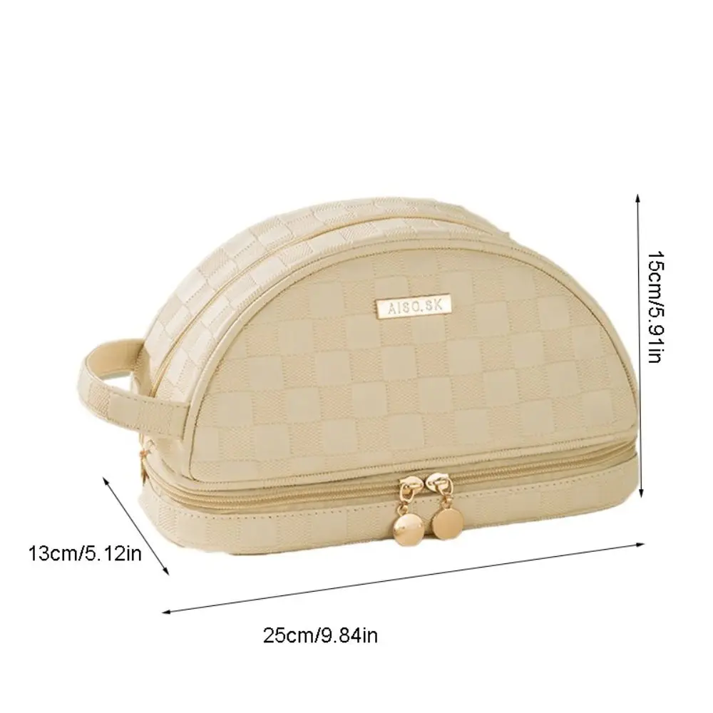 Large Capacity Checkerboard Cosmetic Bag Handheld Waterproof Toiletries Organizer Carry-on Makeup Tote PU Leather