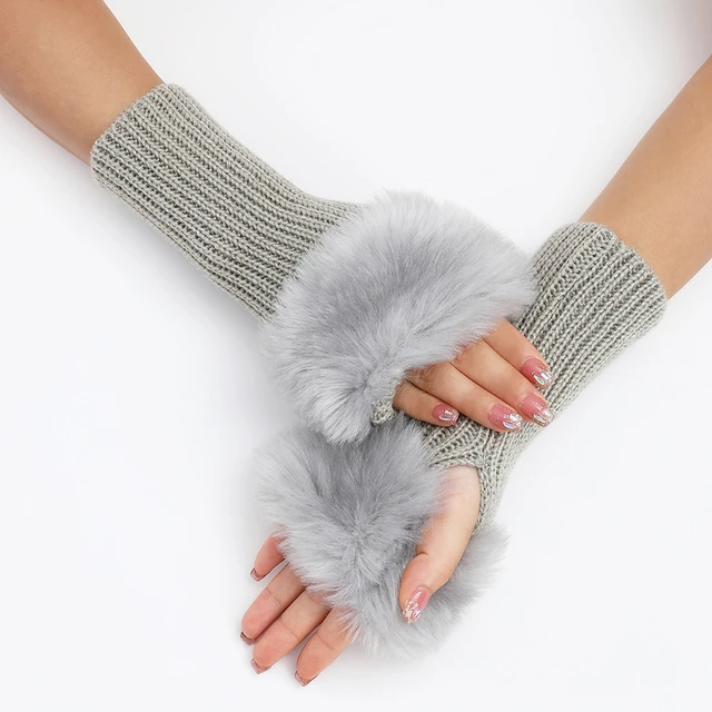 Faux Rabbit Fur Fingerless Gloves Winter Warm Elbow Mittens Furry Arm Cover Knitted Hand Wrist