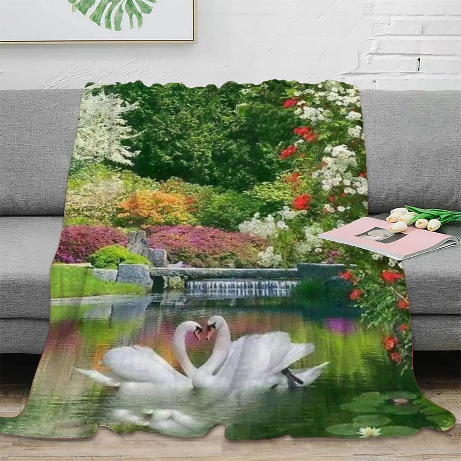 

White Swan Blanket Flannel Throw Blanket Lake Flowers Lightweight Super Soft Cozy Flannel for Sofa Bed All Season Warm King Size