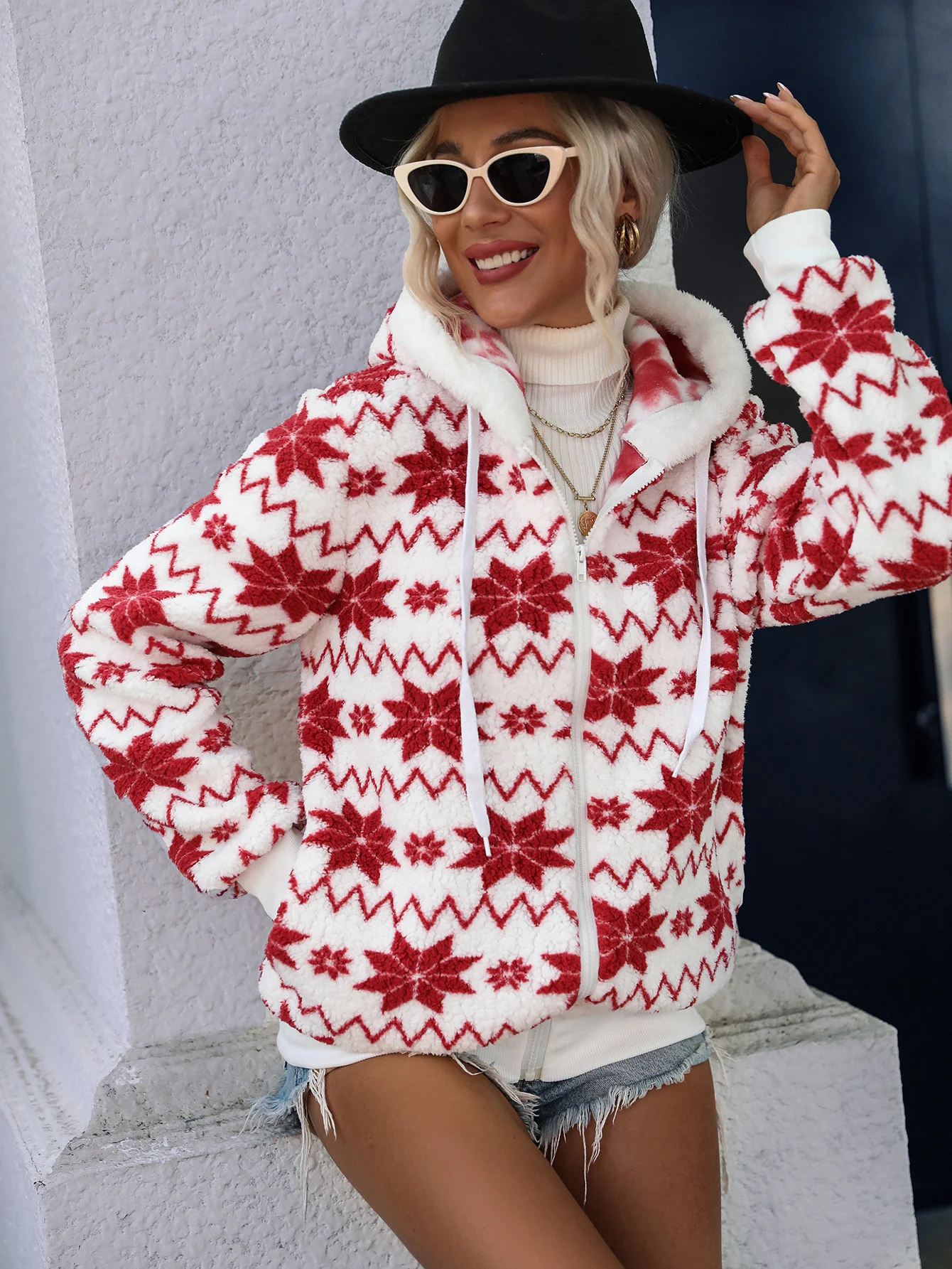 2022 Winter Sweater Women's Plush Medium Long Hooded Geometric Printed Long Sleeve  Cardigan Zipper Plush Coat
