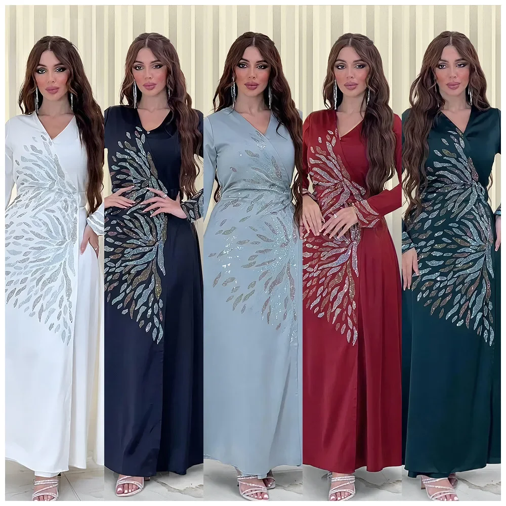 Dubai Satin Evening Gown Fashion Diamond Abaya Muslim Abaya Dress Casual Loose Robe Moroccan Caftan Dresses for Women Cardigan