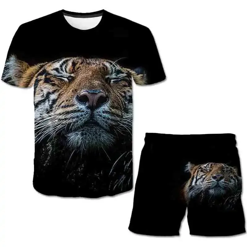 Summer men's animal round neck top set, tiger print pattern clothing, T-shirt and shorts two-piece set, s-2XL