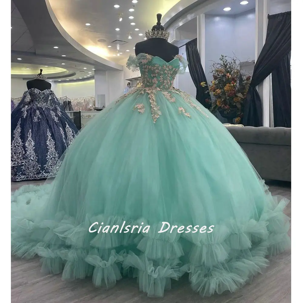 

Mint Green Pearls Beading Off The Shoulder Corset Quinceanera Dress Ball Gown Floral Appliques Lace Sweet 16 Vestido De XV Anos