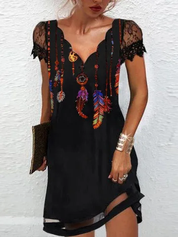 

2023 New Summer Fashion Women's Urban Casual Feather Print Imitation Cotton Fabric Dress Commuter Black Short Sleeve Dresses