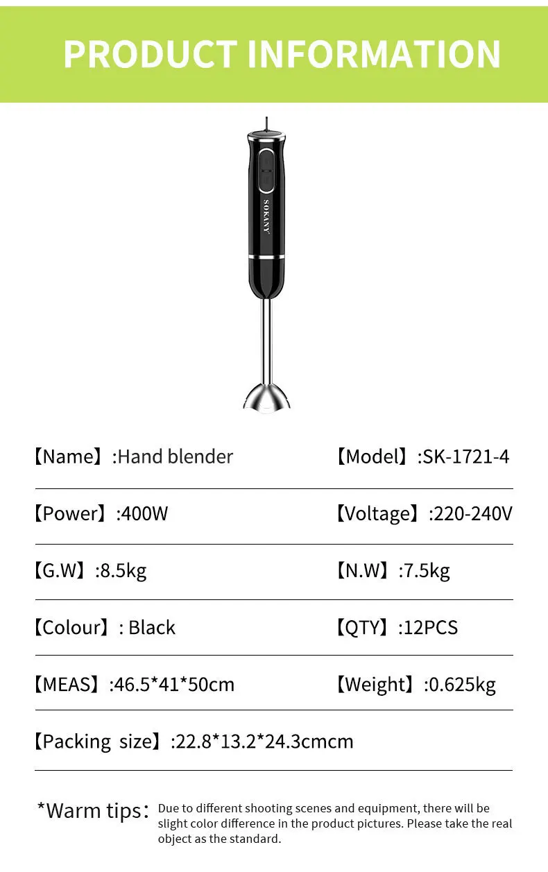 Mixeur Immersion KOIOS 800W - 4 En 1 12 Vitesses - Moteur Cuivre - Accessoires Inclus