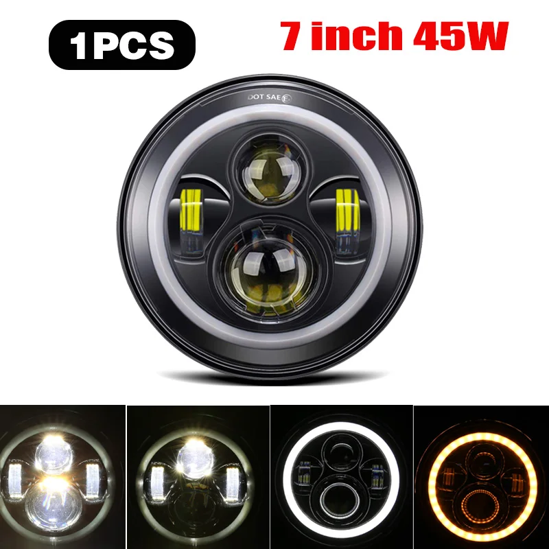 7 Inch Round LED Motorcycle Headlight 40W Hi/Low Beam White(Amber) DRL Halo  Ring Angle Eyes for Wrangler Suzuki VAZ 2101