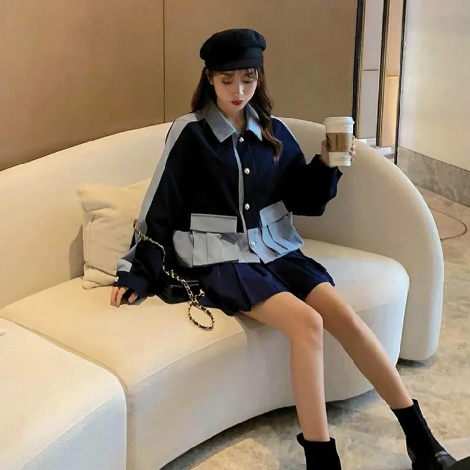 Spliced Blazer Pleated Skirts Blue Blazers Mini Skirt Suit Ruffles Women Suits Clothing Sets Elegant Fashion Harajuku 2023 Woman