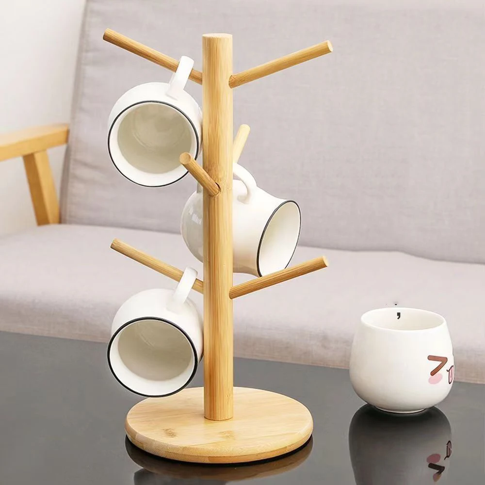 Set Tree Shape Wood Coffee Tea Cup Storage Holder Stand Mug Hanging Display Rack Drinkware Shelf 6 Hooks Home Kitchen1