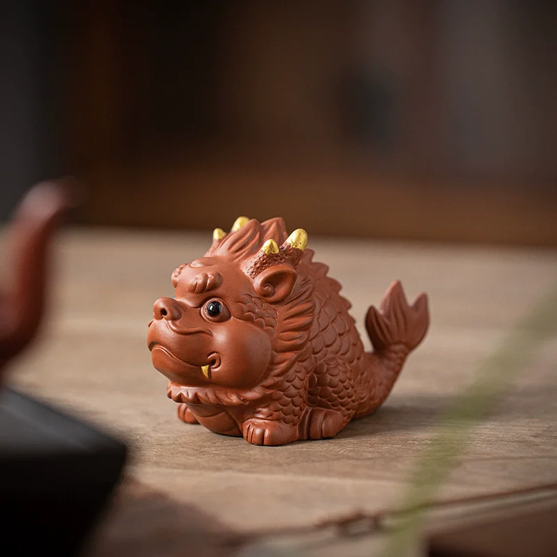 Chinese Dragon Koi Fish Statue Purple Sand Mythical Creature Tea Pet, Wealth Luck Office Desk Ornament, Feng Shui Tea TableDecor