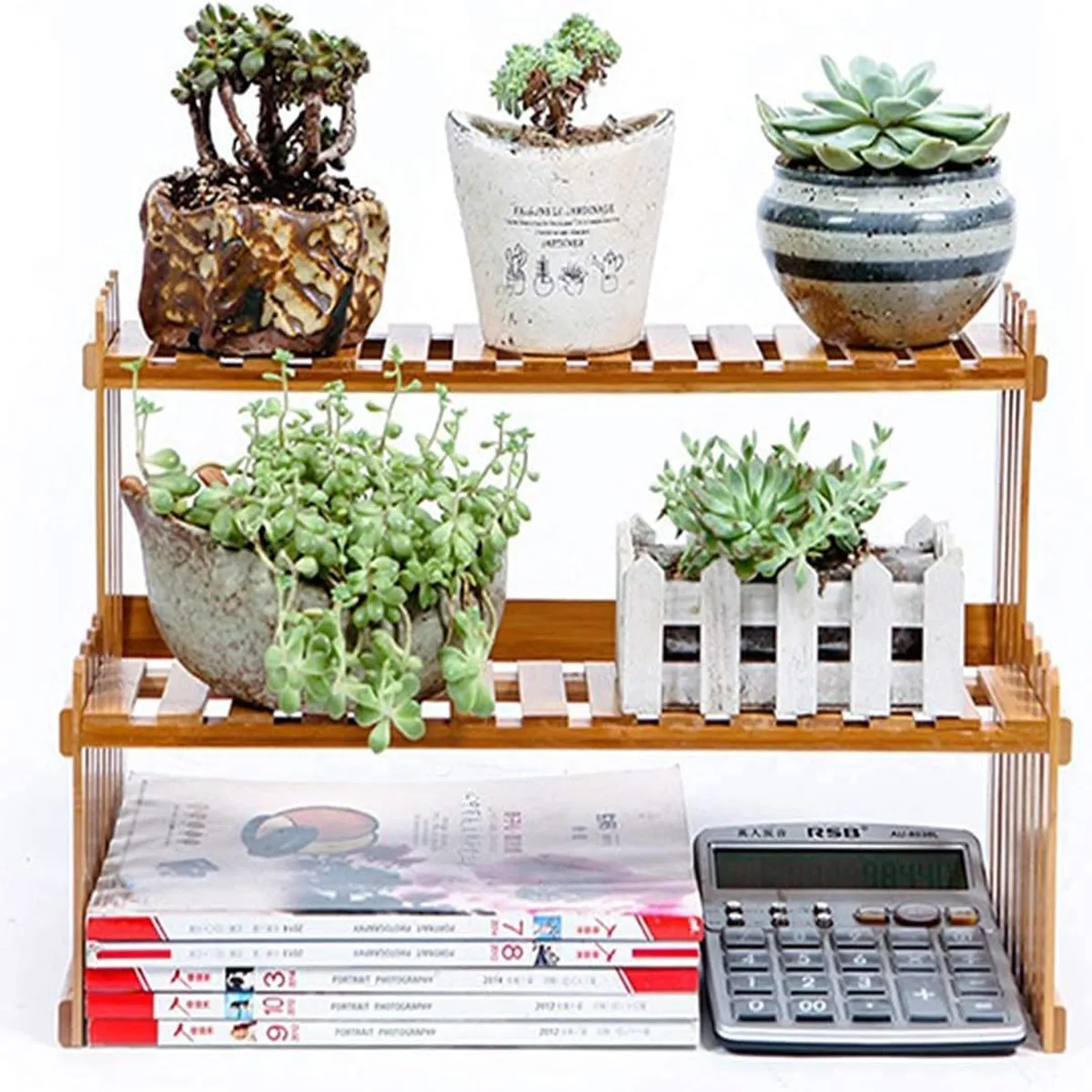 Natural Bamboo Indoor Plant Stand for Desk 2 Tier Desktop Shelf Organizer Rack