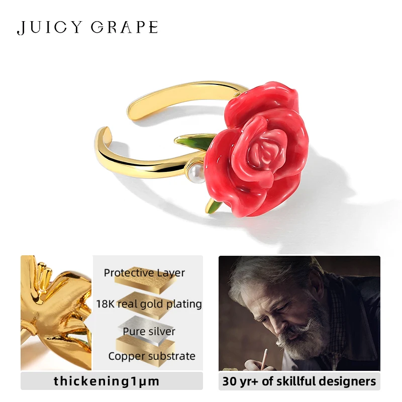 Exquisite Adjustable 18K Gold Plated Enamel Rose Ring for Women - Elegant Wedding Party Fine Jewelry