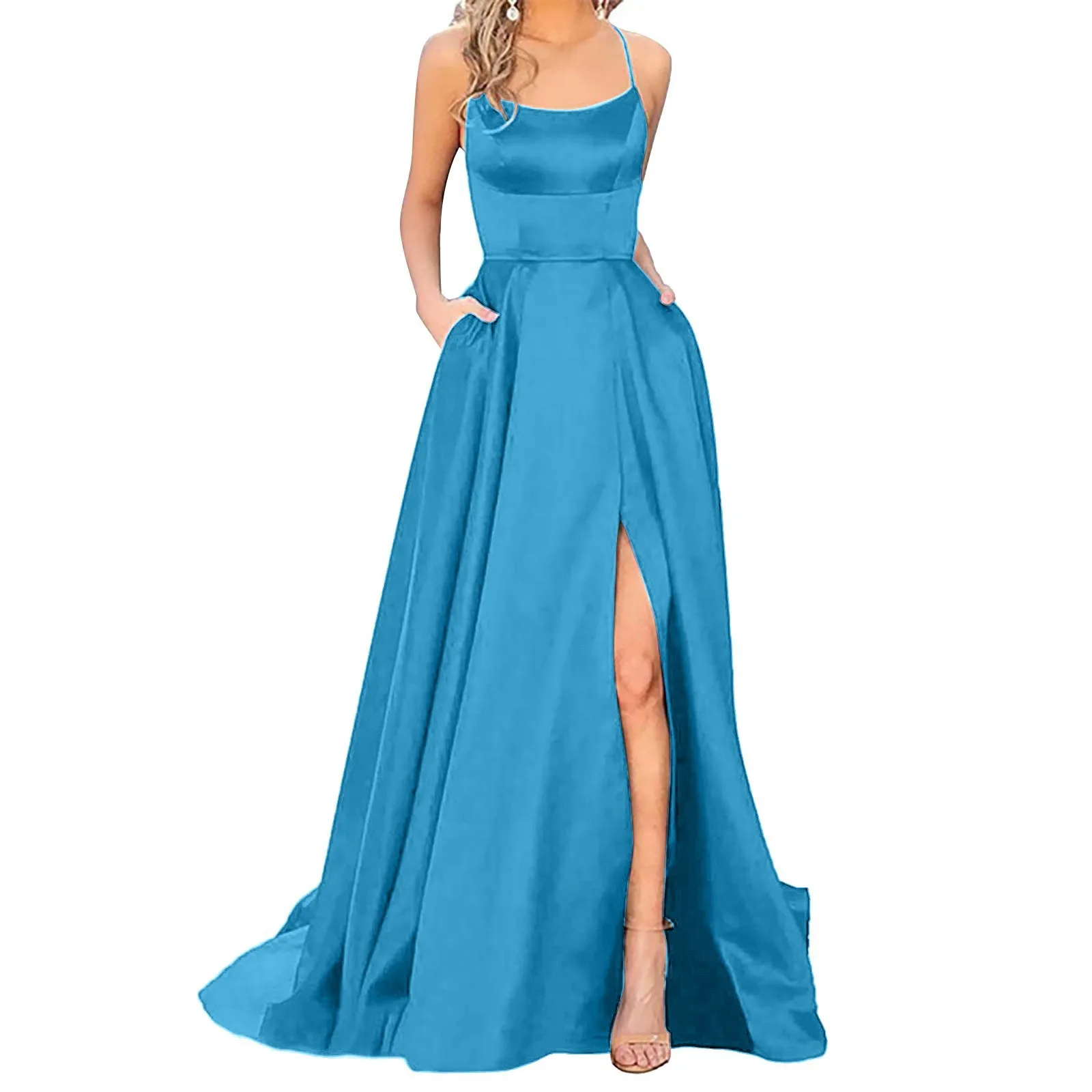 thumbnail image 1 of Vestido de noche sexy con tirantes finos y escote en V, vestido de fiesta rojo con abertura frontal y gran vuelo, vestido de novia elegante, vestido de baile, 1 of 5