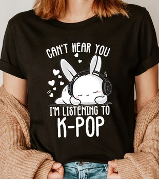 Women's Kpop Rabbit T-Shirt "Can't Hear You I'm Listening To K-POP" Slogan Graphic Short Sleeve Crew Neck Casual Summer Clothing 1
