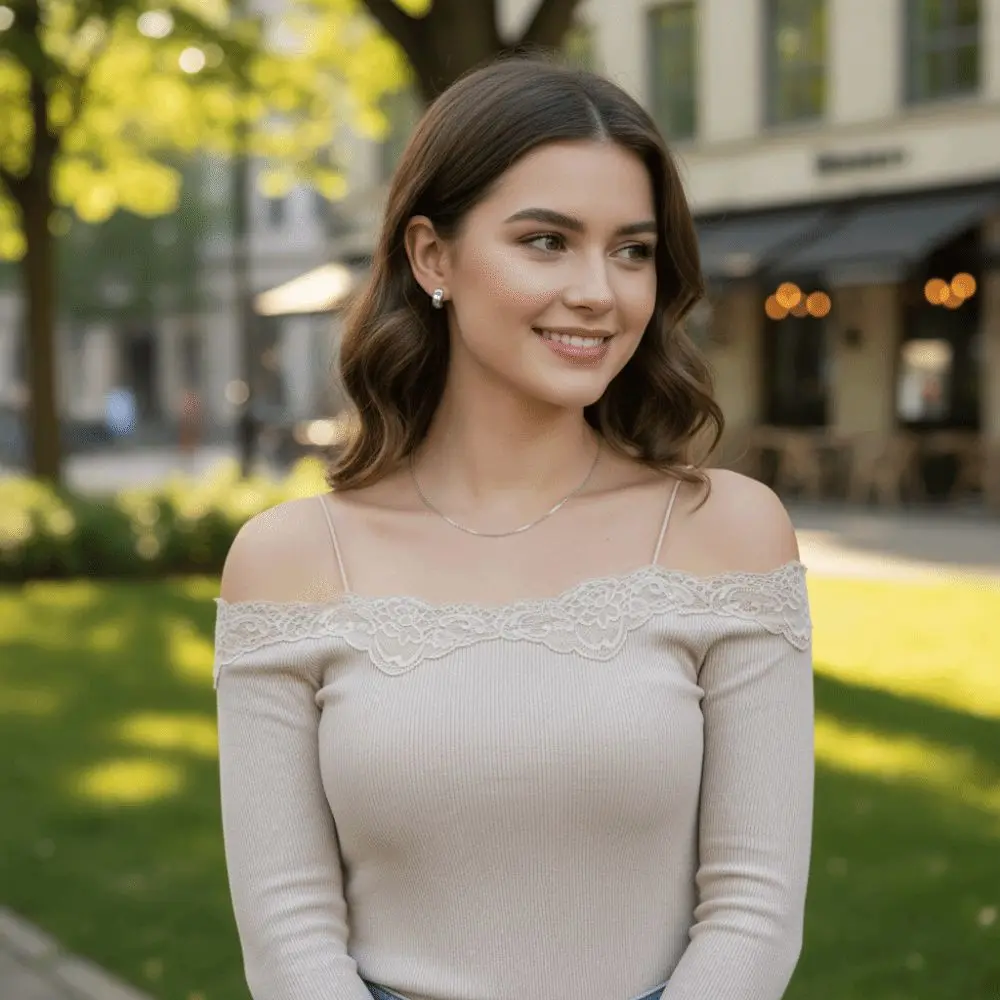 Modisches Spitzenbesetztes Off-Shoulder-Top Figurbetonte Einfarbige Langarm-T-Shirts für Damen – Detail 8