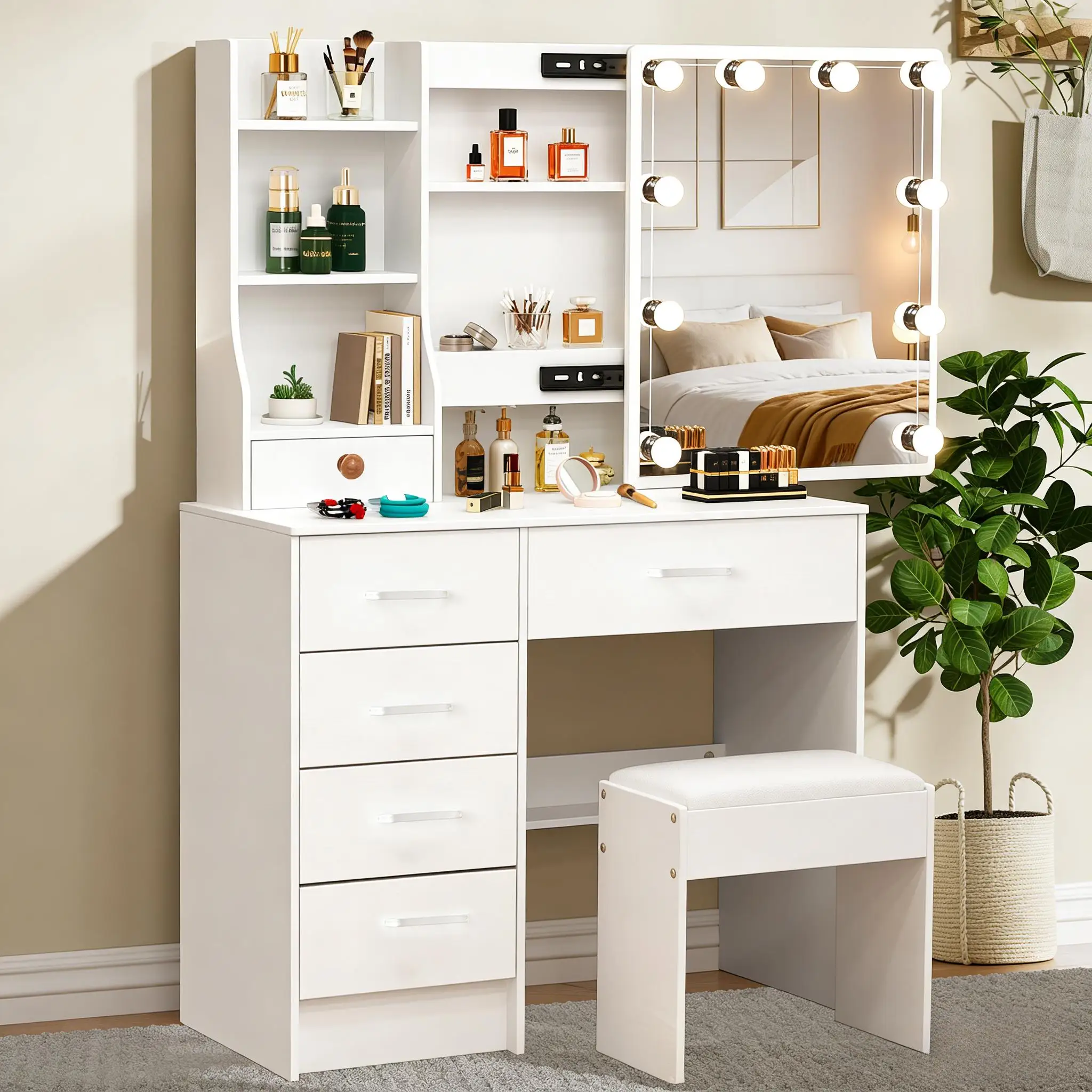 Teousev Dressing Desk Makeup Vanity NEW Dimmable 10 LED Bulbs Mirror Storage Organizer Bedroom White Makeup Dresser Table