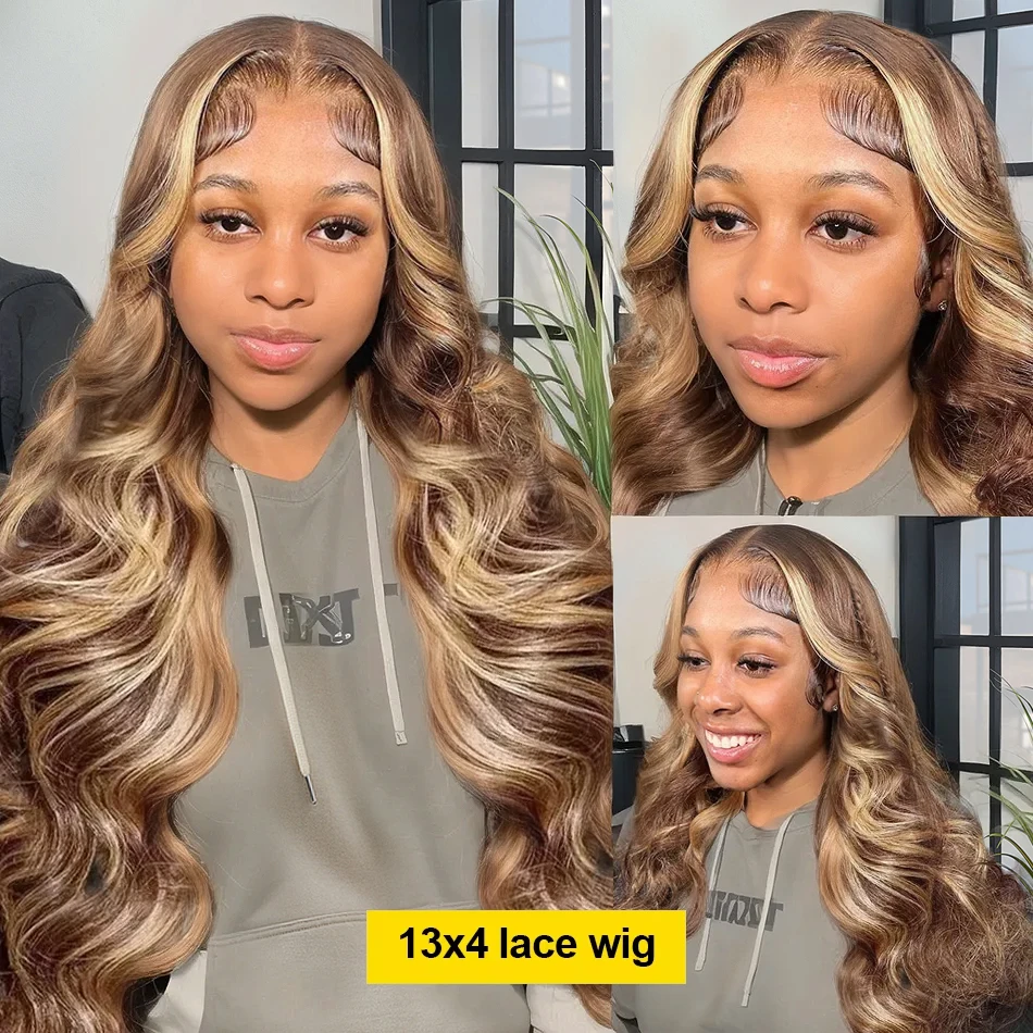 250% Highlight Ombre Body Wave 13x4 HD Lace Frontal Wigs 4/27 Blonde Brown Colored 13x6 Lace Front Human Hair Wig For Women