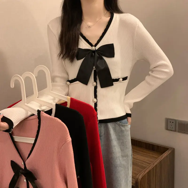

Autumn new crop top knitted cardigan Harajuku sweet black bow cardigan Y2k slim fit sweater