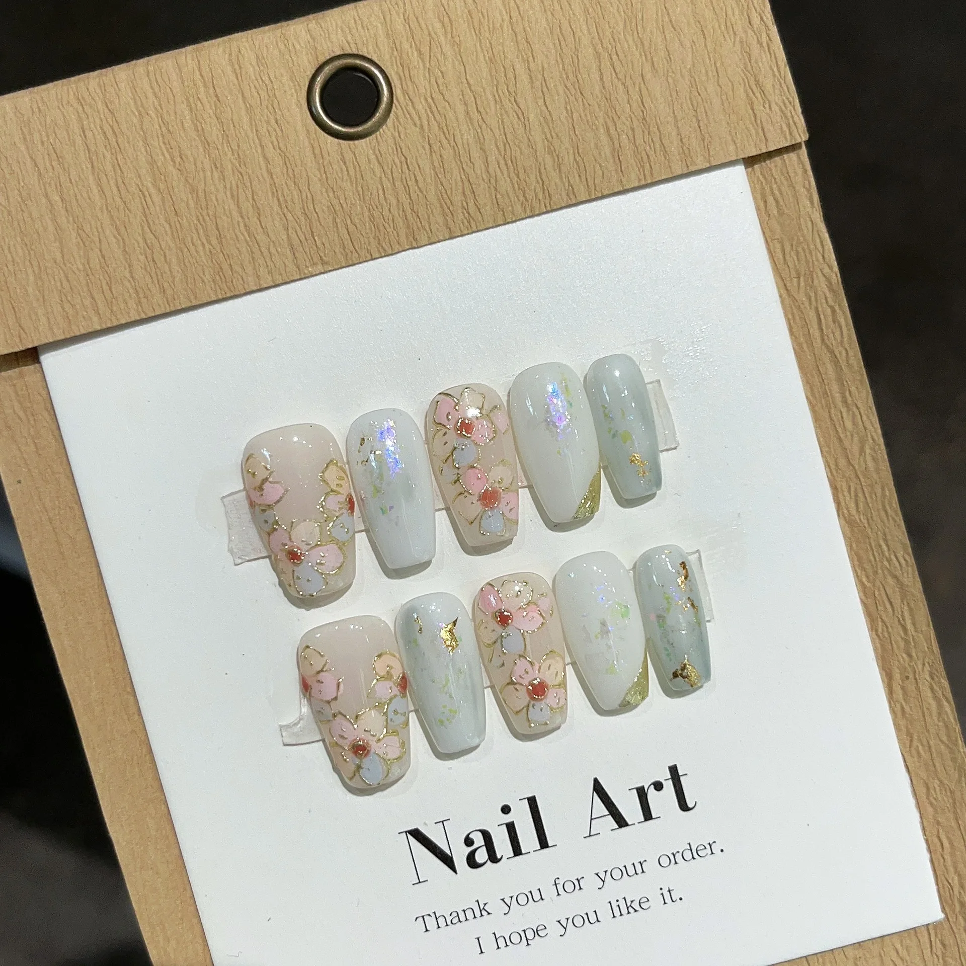 

Handmade Enamel Flower Designed Wearable False Nail Art Detachable Full Cover Finished Nail Decoration
