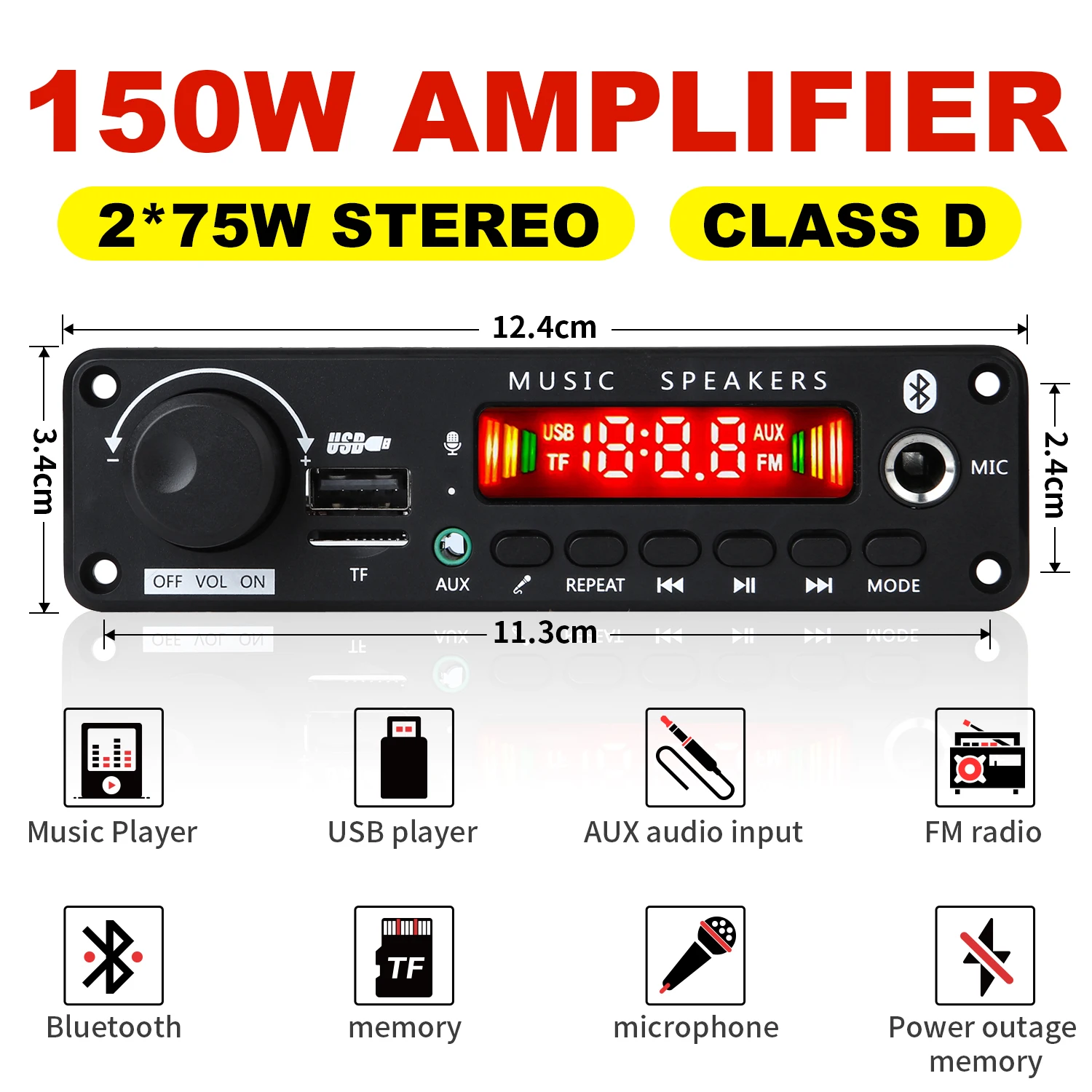 150W DIY Amplifier Bluetooth Decoder Board 12V 6.5mm Microphone FM Radio TF USB Car Audio Music Player Speakers Volume Control