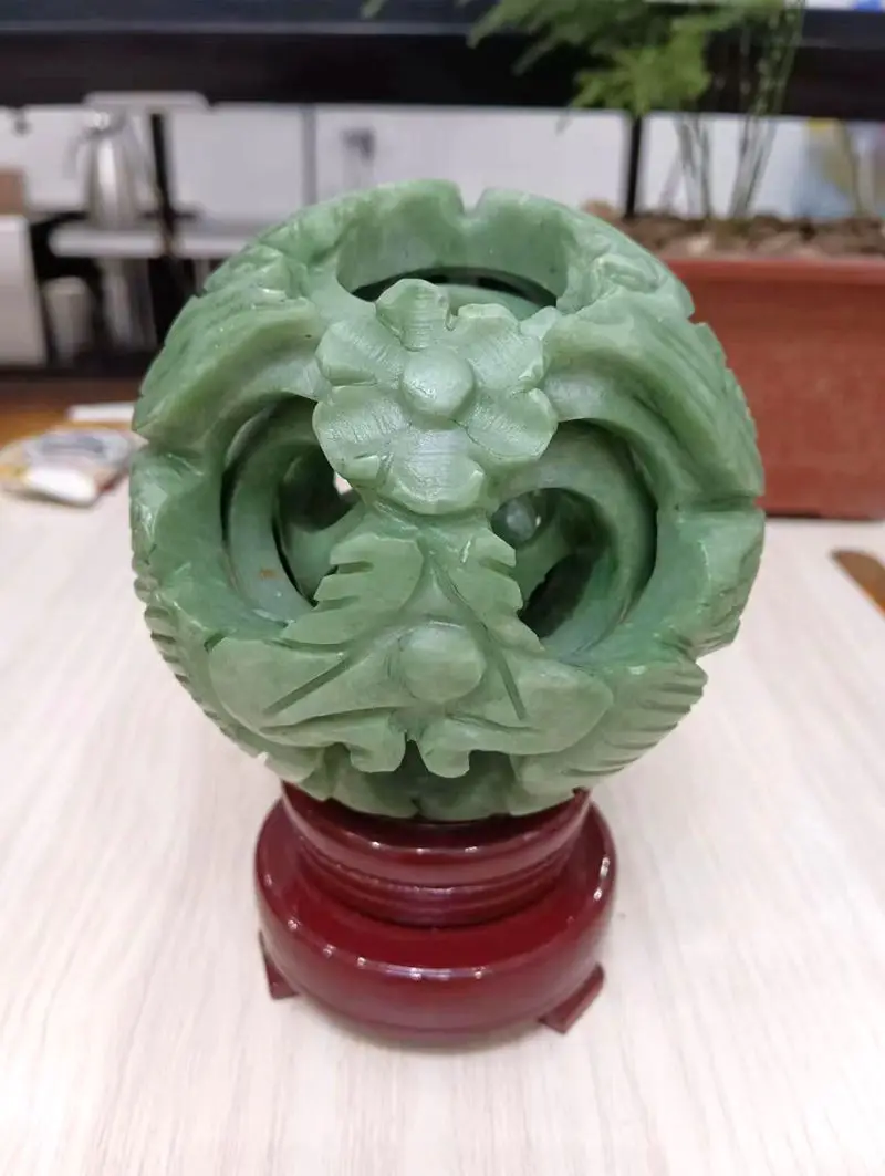 

Fine Handwork Carven Set Ball Four Layers Arts and Crafts Puzzle Sphere Green Jade With Wood Stand