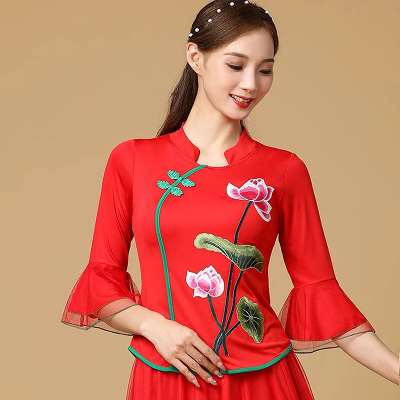 Cheongsam Women's Plus Size Short Tops Autumn Cotton Blend Mesh Splicing Embroidery Slim Chinese Style Qipao Shirts Woman