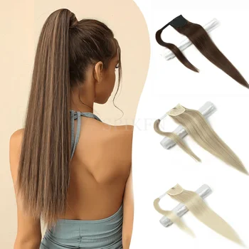 SPIKFN Human Hair Ponytail Extensions Straight "14-22" Real Natural Brazilian Remy Wrap Clip In Hair Extension