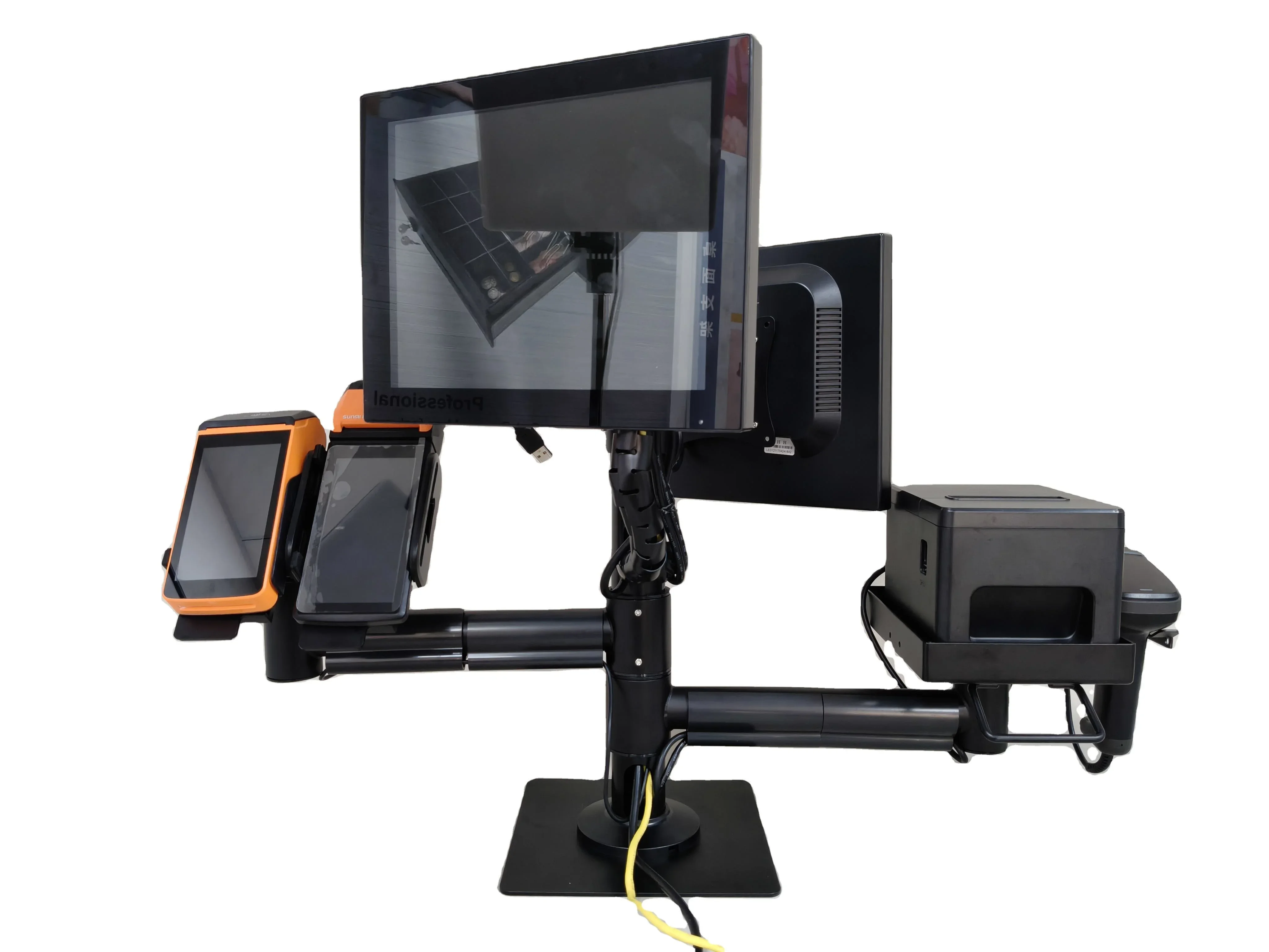 2026 데스크탑 POS 계산대 시스템 OEM/ODM POS 단말기 시스템 스탠드 접이식 폴 마운트 스탠드 (2개 모니터 암 포함)