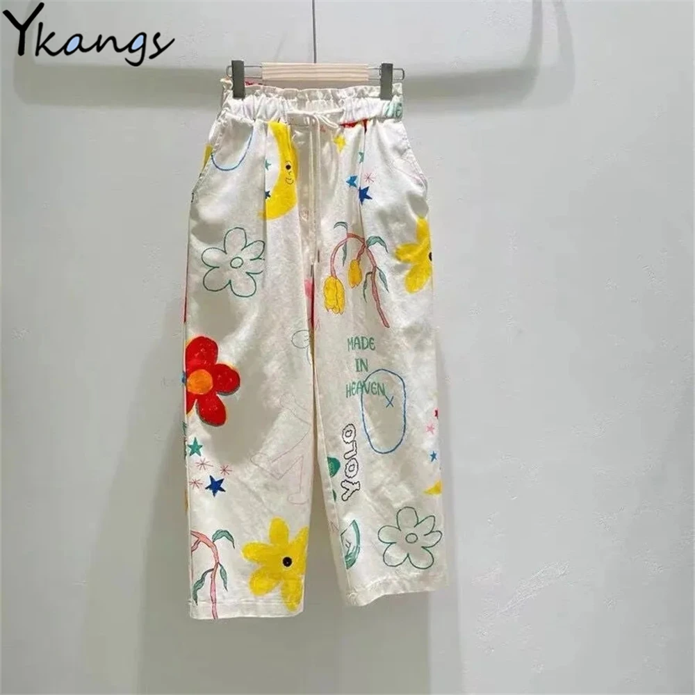 Cartoon Graffiti Korean Fashion Casual Loose Pants Women Elastic High Waist Flower Print Thin Trousers Summer Street Harem Pants
