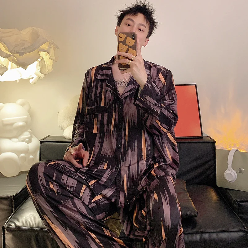High end couple pajamas, women's autumn and winter knitted ice silk style, 2024 men's loose plus size home clothes_voghion.com