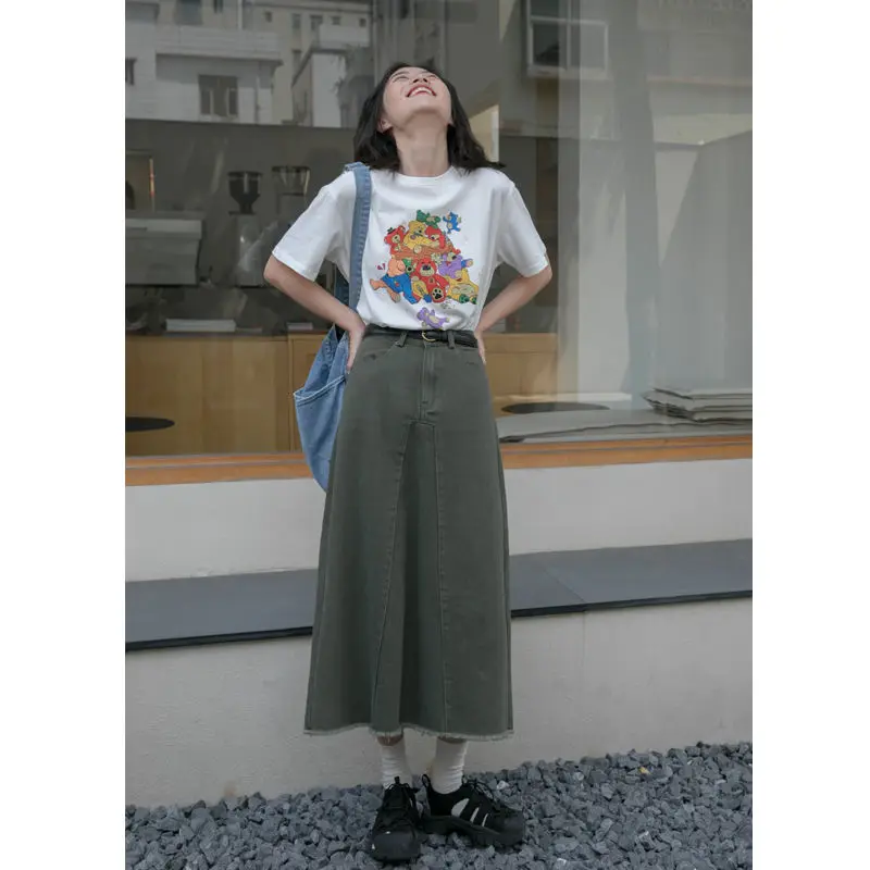 

T Shirt for Women 100% Cotton Loose Crew Neck Tops Bear Printed Woman Clothes Korean Summer White Short Sleeve T-shirts Female