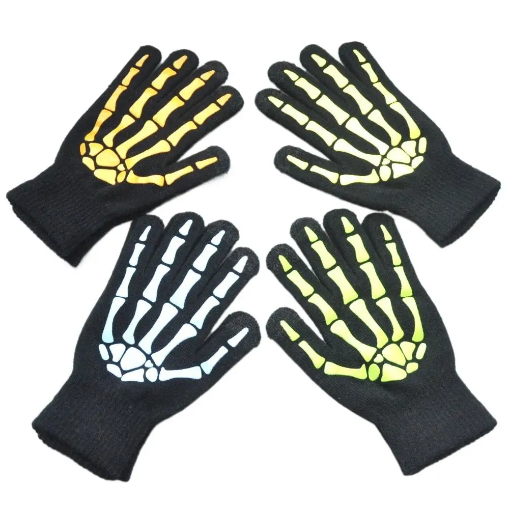 Full Finger Gloves Full Finger Halloween Gloves Thicken Windproof Luminous Skeleton Claw Gloves Cosplay Prop Glowing Skeleton Goth Mittens