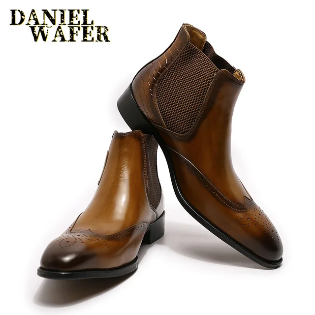 الفاخرة تشيلسي الأحذية جلد أصلي للرجال حذاء من الجلد عالية الجودة الانزلاق على مشبك حزام وينغيب البني حذاء أسود الأساسية الرجال الأحذية