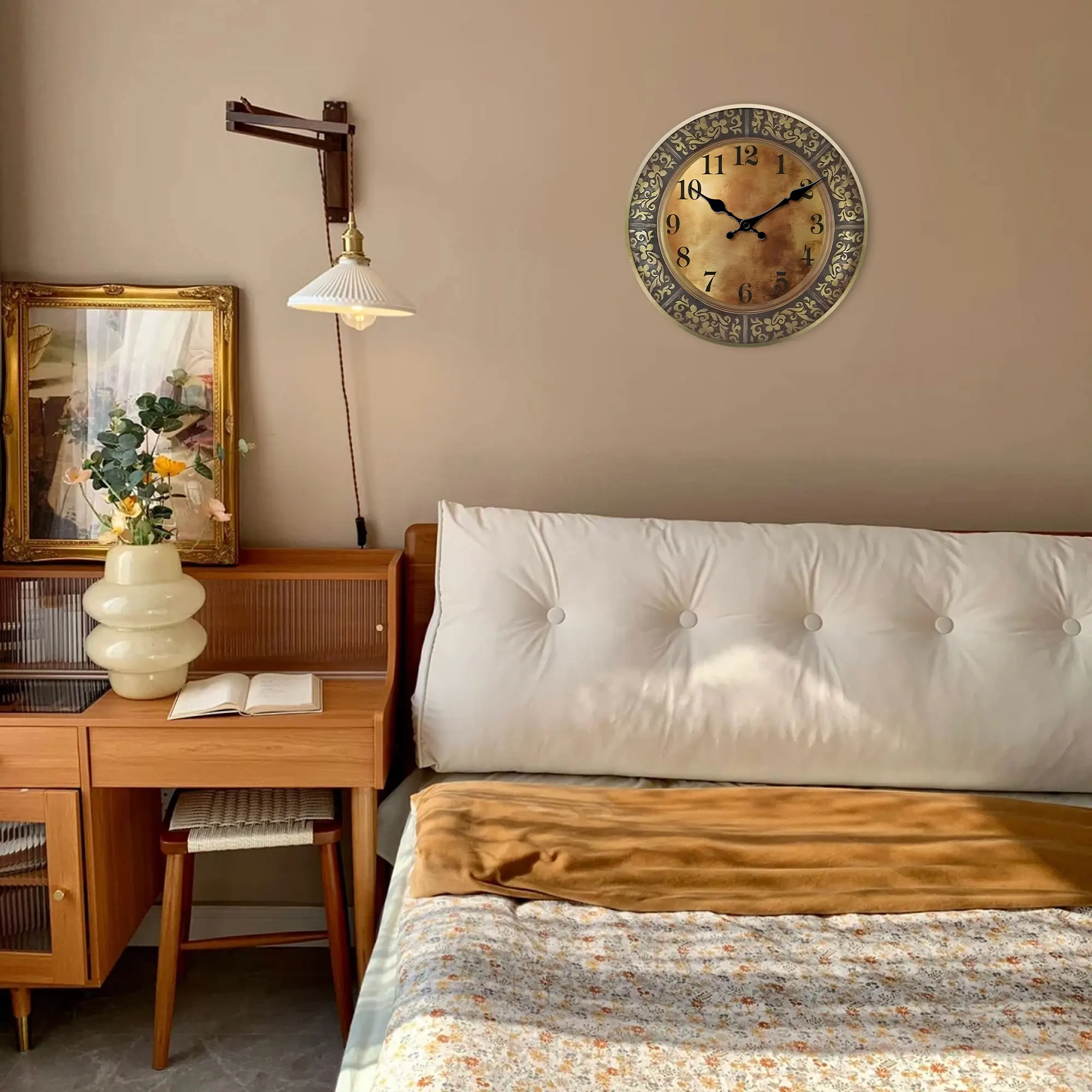 Wooden Silent Wall Clock with Antique Brass Pattern 6