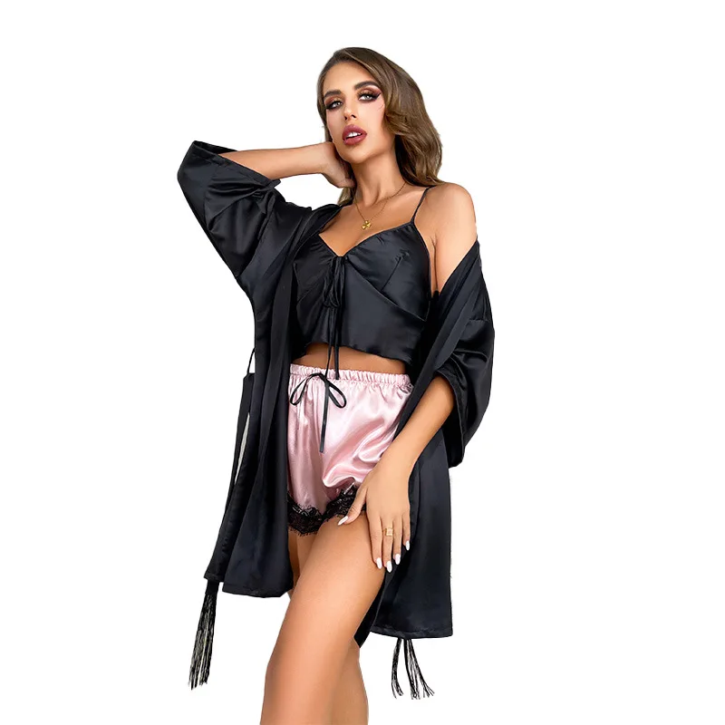 Spring and Summer Sexy Women's Home Clothes Suspenders Shorts Three Suits Casual and Comfortable Home Silk Ice Silk Pajamas