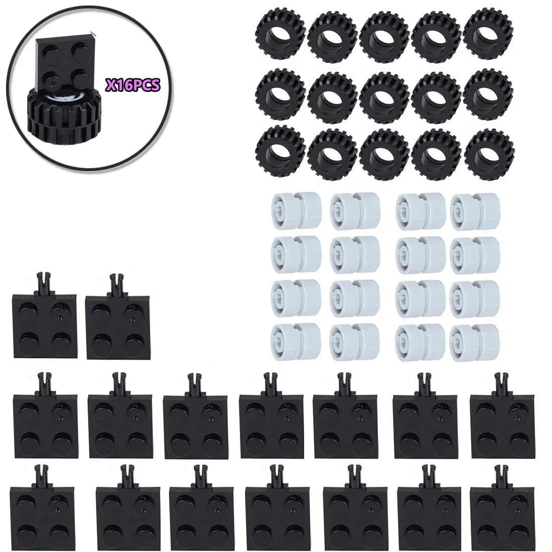 16PCS Wheel + Axle Set Small Particles Building Blocks Bulk Parts DIY Assembly Model Cars Truck Toys Bricks Wheels Accessories