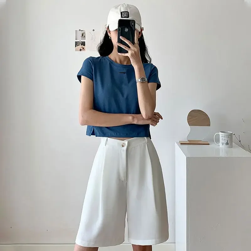 Summer  Loose Casual Solid Color Knee Length Suit Pants Ladies High Waist All-match Wide Leg Chiffon Shorts Women's Clothing