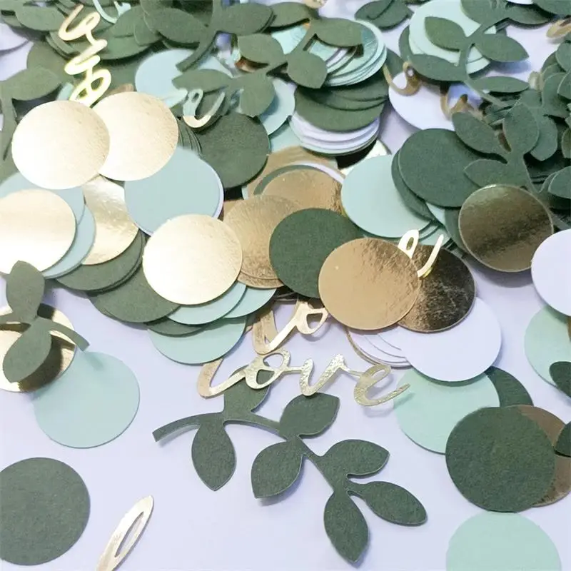 100 Pcs Sage Leaves Confetti Green Gold Round Paper Love Confetti For Wedding Birthday Party Desktop Throwing DIY Decor paper confetti party decorations