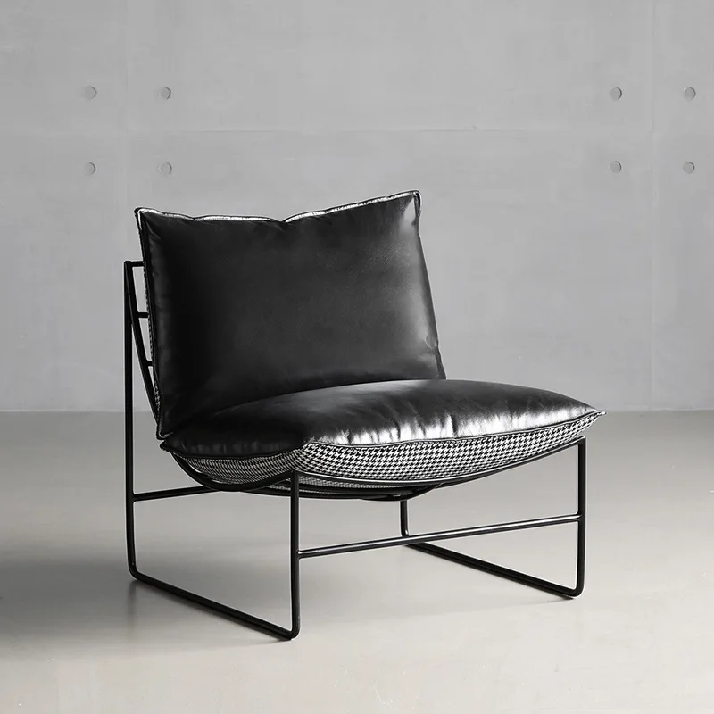 FULLOVE Nordic Fabric Iron Single Sofa Reading Bedroom Study Office Lazy Faux Leather Leisure Ironwork Chair Light Luxury