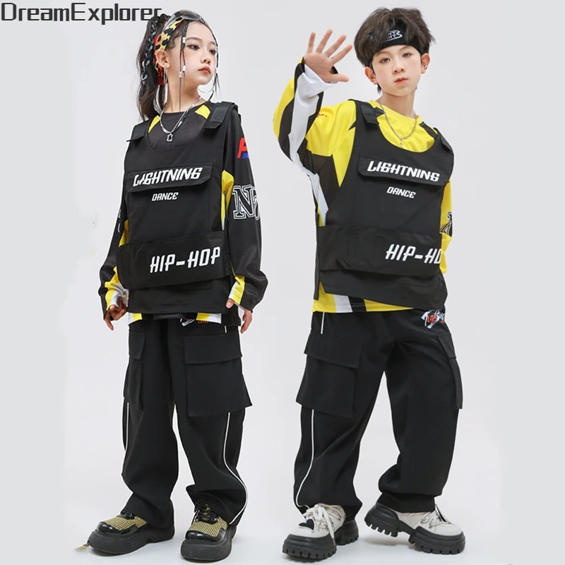 Boys Hip Hop Vest Contrast Sweatshirt Cagro Pants Girls Streetwear Child Street Dance Fake Two Piece Top Kids Jazz Clothes Sets