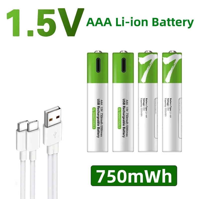 

1.5V AAA 750 mWh USB Rechargeable AAA Battery For Remote Control Mouse Electric Toy LED Light Li-ion Battery + Type-C Cable