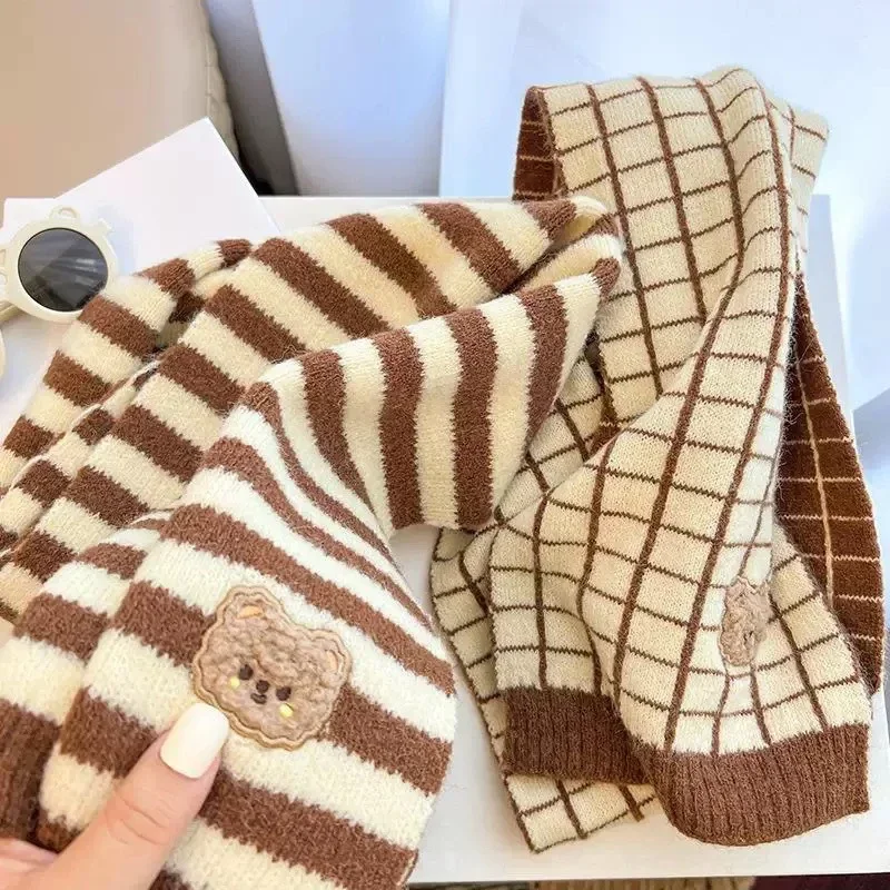 Cute Stripe Bear Kids Scarf Winter Thick Knit Warm Neckerchief for Boy Girl Korean Windproof Kids Woolen Neck Warmer Scarves