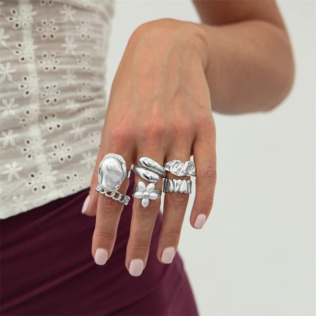 Chunky Knuckle Rings For Women - 6-Piece Gold Set With Baroque Pearl & Flower Designs, Adjustable Stacking Statement Rings - View #9
