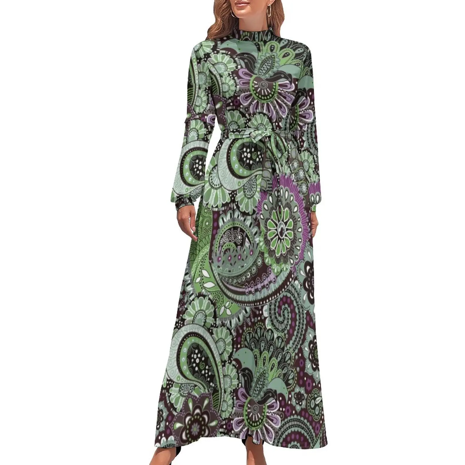 

Retro Bohemian Print Dress Long Sleeve Paisley Floral Elegant Maxi Dress High Waist Street Wear Bohemia Long Dresses Gift Idea