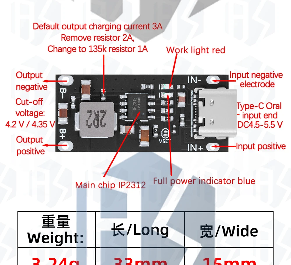 IP2312 CC/CV-Modus Typ-C USB-Eingang Hochstrom 3A Polymer Ternäre Lithiumbatterie Schnellladeplatine 5V bis 4,2V – Detail 6
