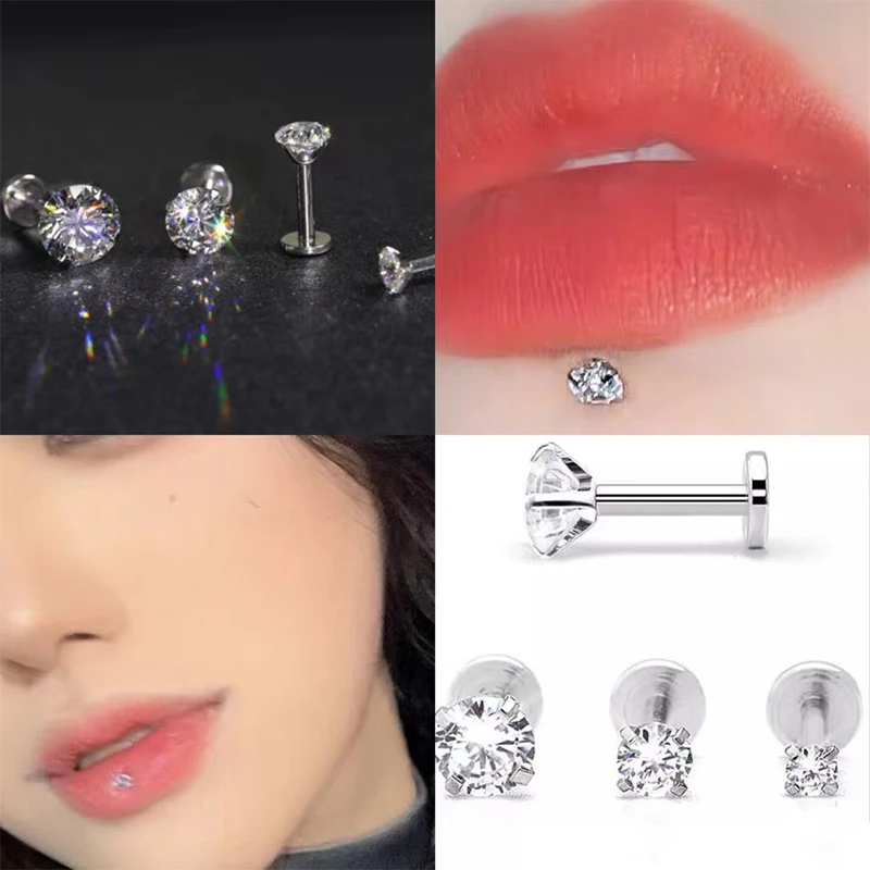 16G Stainless Steel Labret Lip Ring Piercing CZ Zircon Earring 6/8/10MM 6 Pcs/Lot